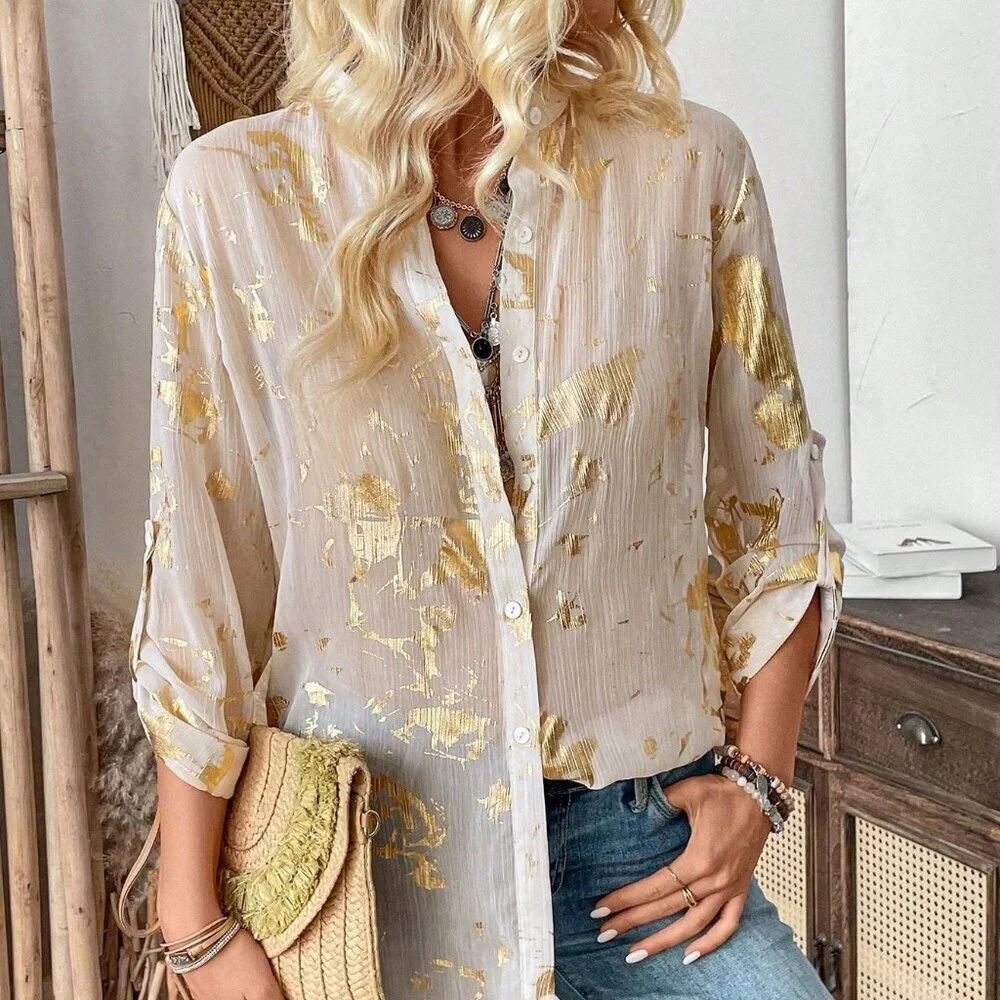 Boho Women's Full Printed Long Sleeve button down Shirt - Picture 2 of 8